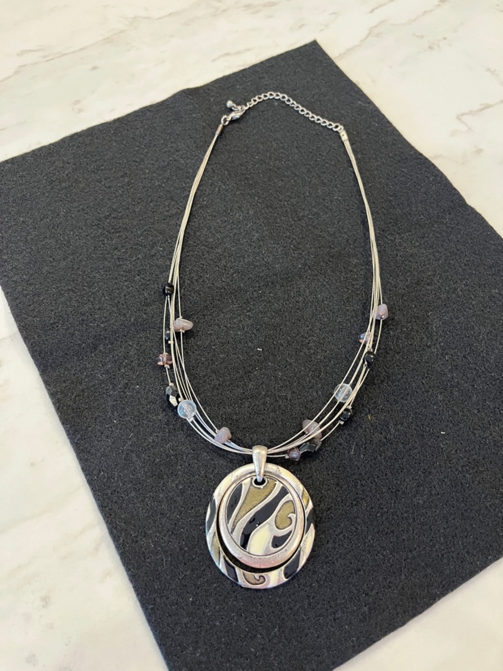 Silver Multi-Strand Pendant Necklace with Black and Pale Pink Beads